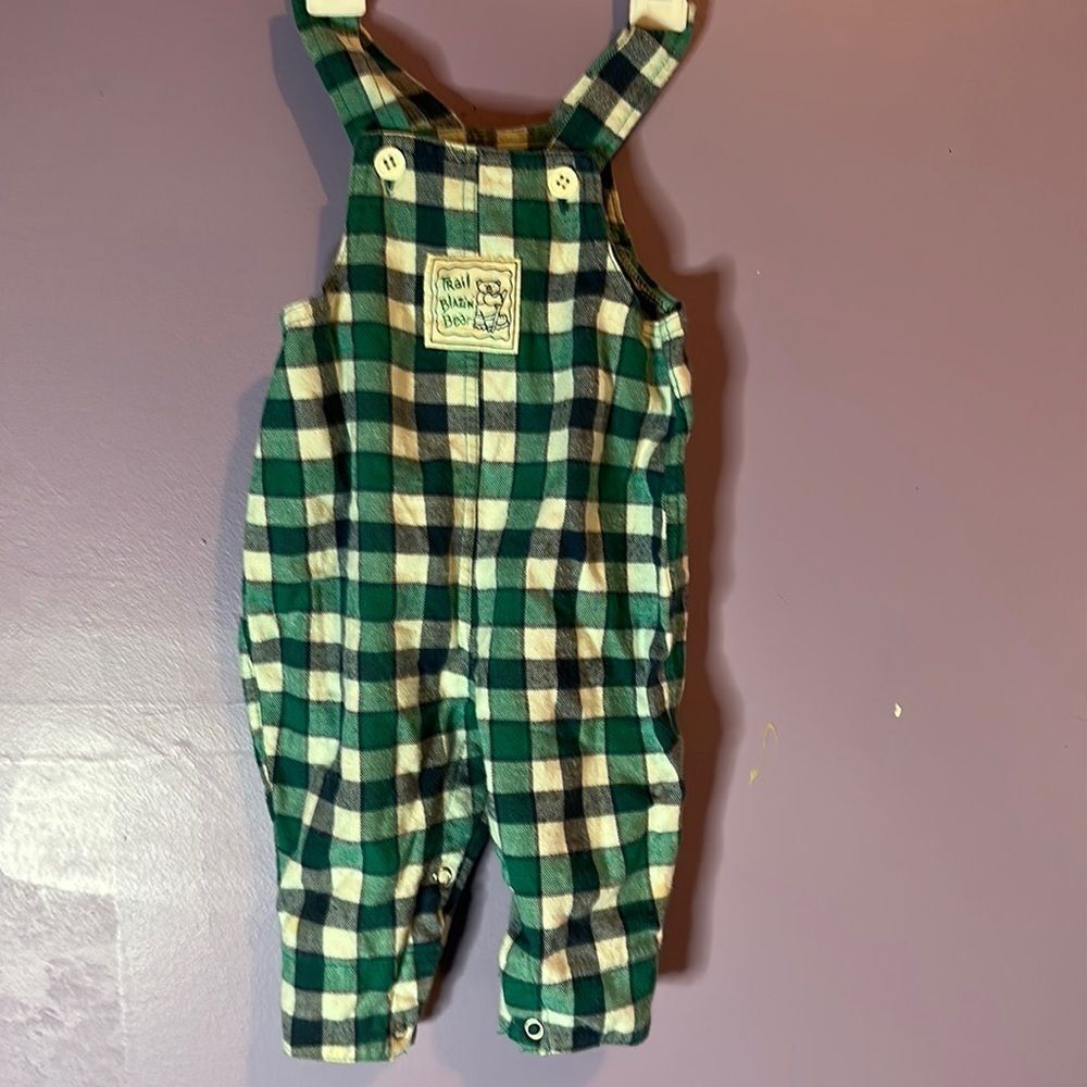Trail Blazing Bear Baby Boy Overalls 3-6 Months Green Blue White Plaid Flannel
